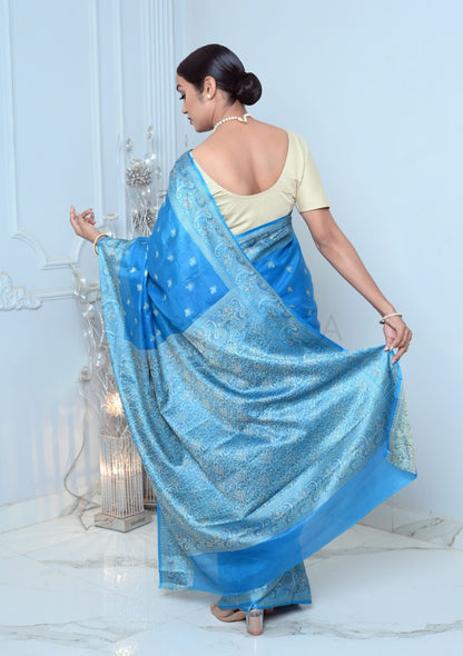 Sky Blue Meena Booty Handloom Pure Kosa Silk Saree