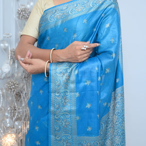 Sky Blue Meena Booty Handloom Pure Kosa Silk Saree