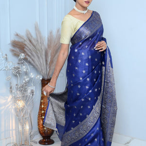 Royal Blue Meena Booty Handloom Pure Kosa Silk Saree