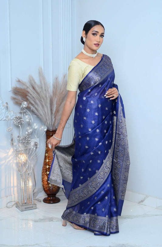 Royal Blue Meena Booty Handloom Pure Kosa Silk Saree