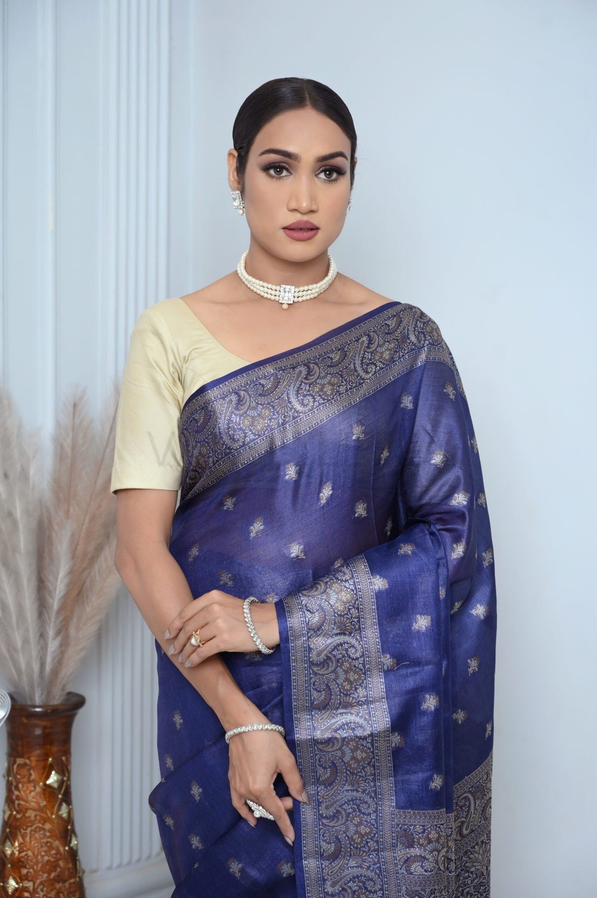 Royal Blue Meena Booty Handloom Pure Kosa Silk Saree