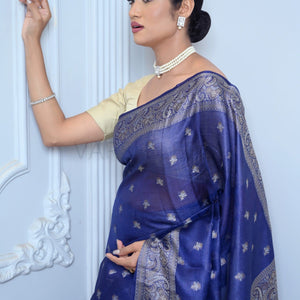 Royal Blue Meena Booty Handloom Pure Kosa Silk Saree