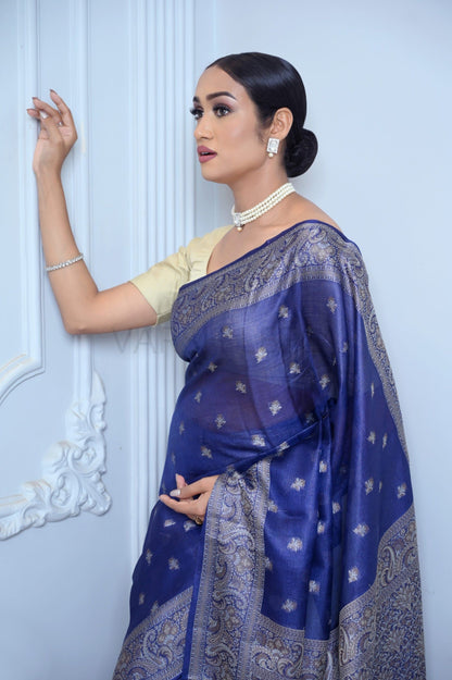 Royal Blue Meena Booty Handloom Pure Kosa Silk Saree