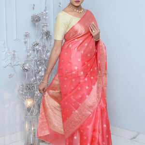 Carrot Pink Meena Booty Handloom Pure Kosa Silk Saree
