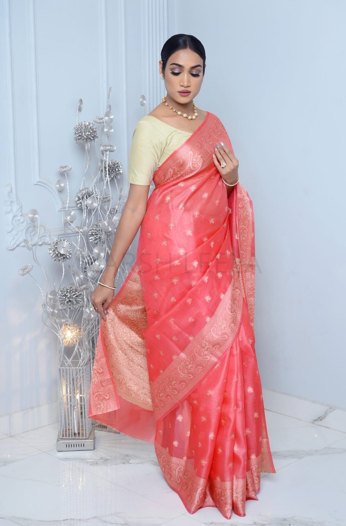 Carrot Pink Meena Booty Handloom Pure Kosa Silk Saree