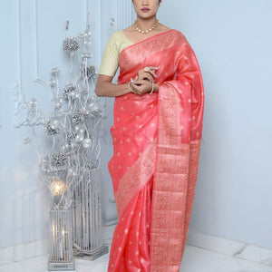 Carrot Pink Meena Booty Handloom Pure Kosa Silk Saree