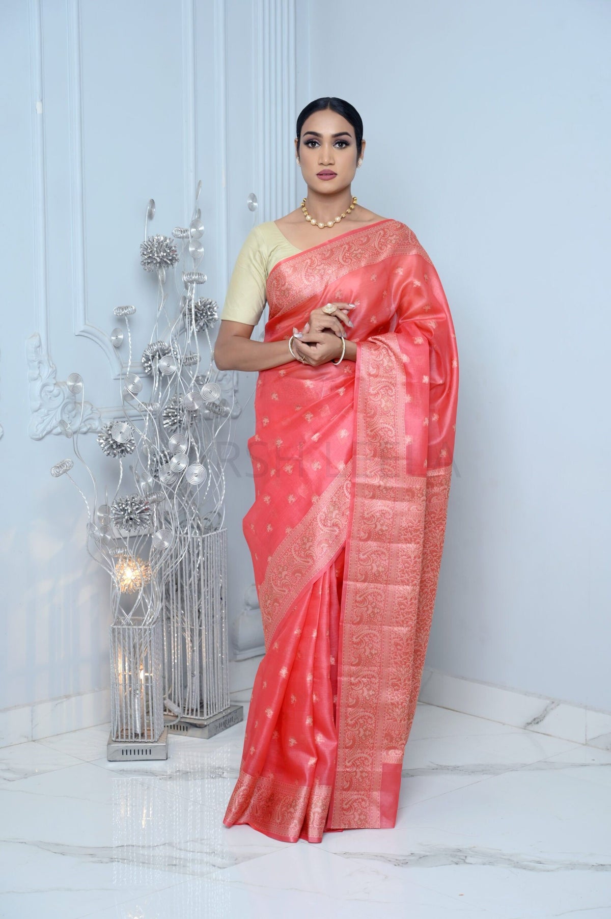 Carrot Pink Meena Booty Handloom Pure Kosa Silk Saree