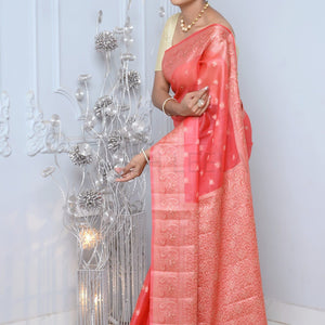 Carrot Pink Meena Booty Handloom Pure Kosa Silk Saree