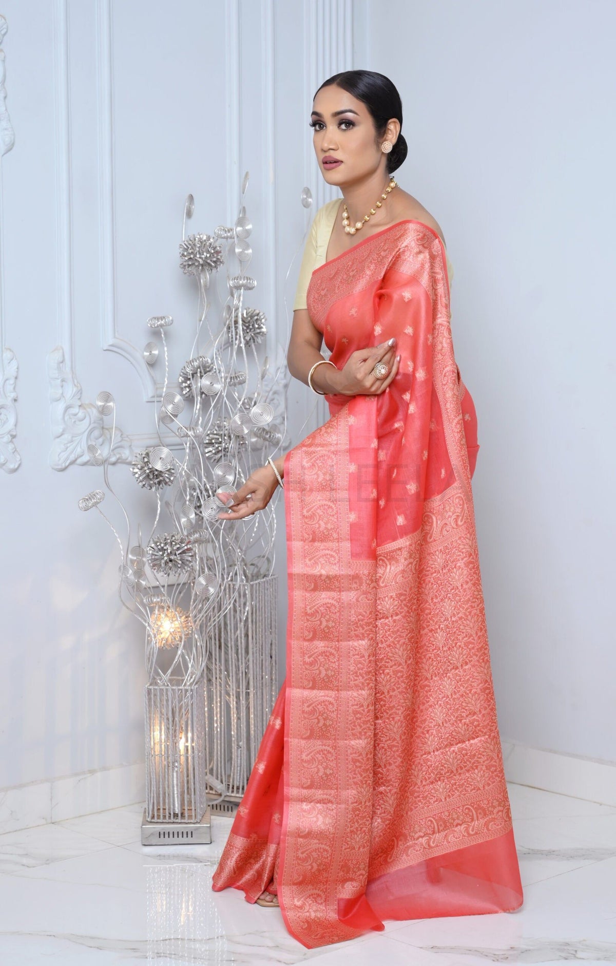 Carrot Pink Meena Booty Handloom Pure Kosa Silk Saree