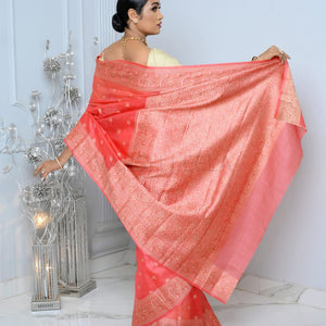 Carrot Pink Meena Booty Handloom Pure Kosa Silk Saree