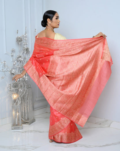 Carrot Pink Meena Booty Handloom Pure Kosa Silk Saree