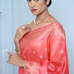 Carrot Pink Meena Booty Handloom Pure Kosa Silk Saree