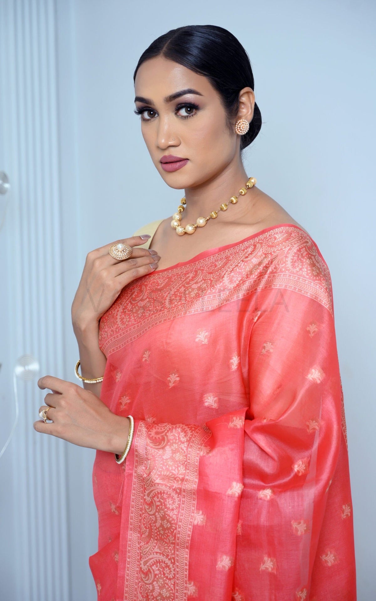 Carrot Pink Meena Booty Handloom Pure Kosa Silk Saree