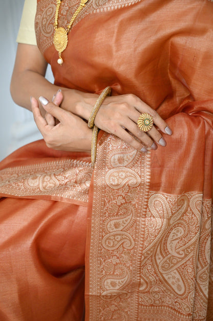 Brown Meena Plain Handloom Pure Kosa Silk Saree
