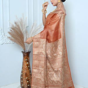 Brown Meena Plain Handloom Pure Kosa Silk Saree