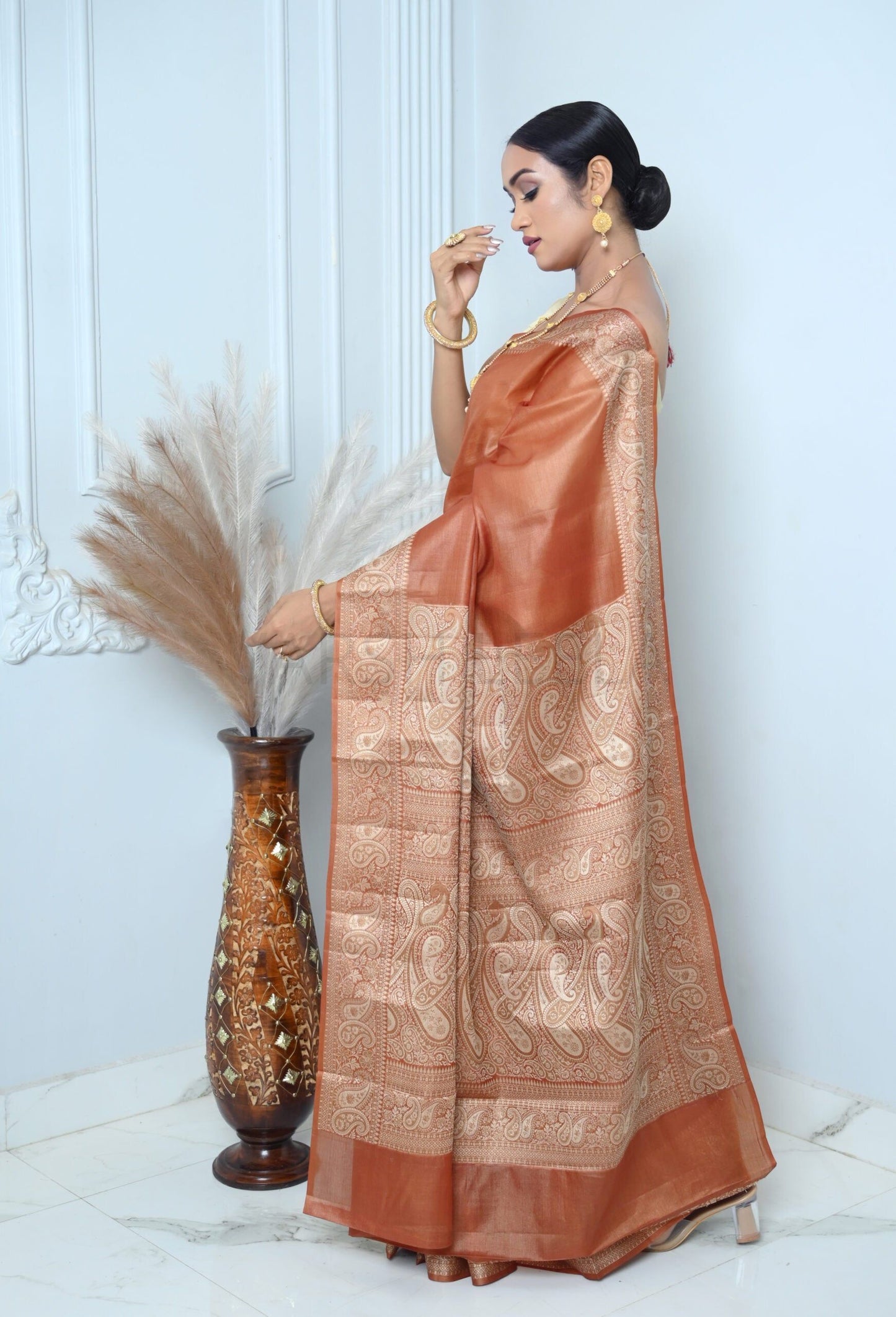 Brown Meena Plain Handloom Pure Kosa Silk Saree