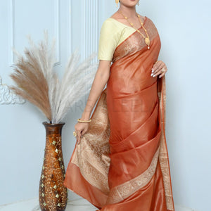 Brown Meena Plain Handloom Pure Kosa Silk Saree