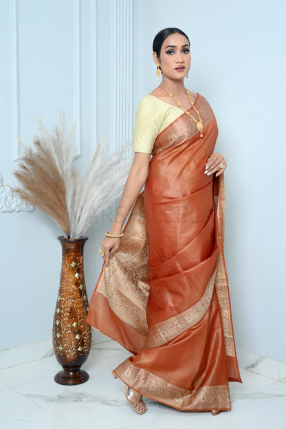 Brown Meena Plain Handloom Pure Kosa Silk Saree