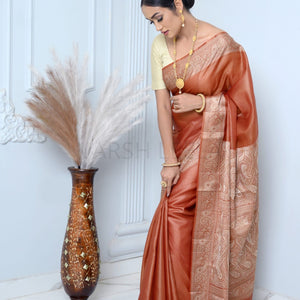 Brown Meena Plain Handloom Pure Kosa Silk Saree