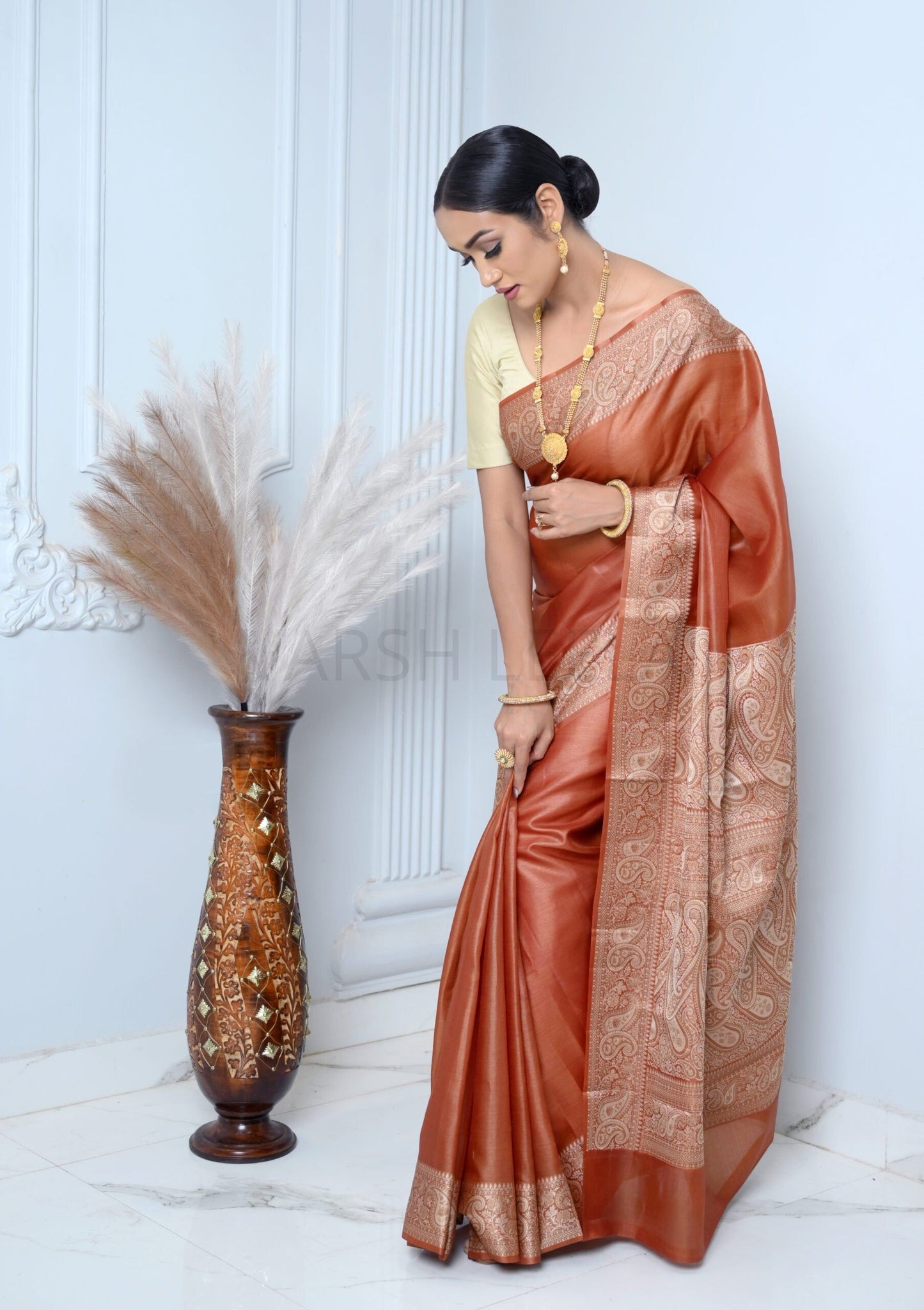 Brown Meena Plain Handloom Pure Kosa Silk Saree