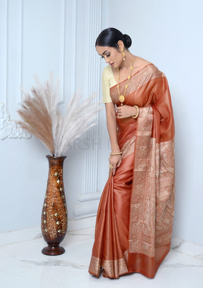 Brown Meena Plain Handloom Pure Kosa Silk Saree