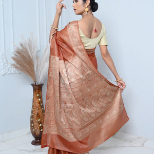 Brown Meena Plain Handloom Pure Kosa Silk Saree