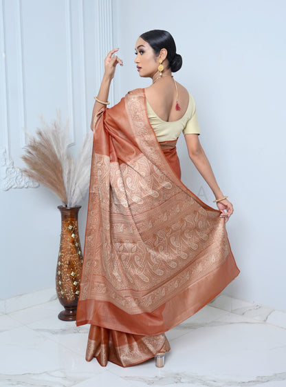Brown Meena Plain Handloom Pure Kosa Silk Saree