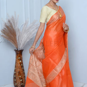 Orange Meena Plain Handloom Pure Kosa Silk Saree