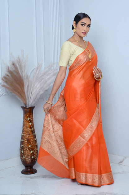 Orange Meena Plain Handloom Pure Kosa Silk Saree