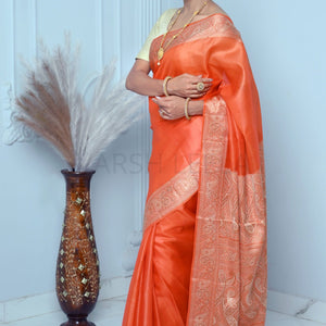Orange Meena Plain Handloom Pure Kosa Silk Saree
