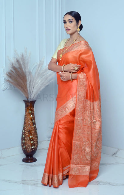 Orange Meena Plain Handloom Pure Kosa Silk Saree