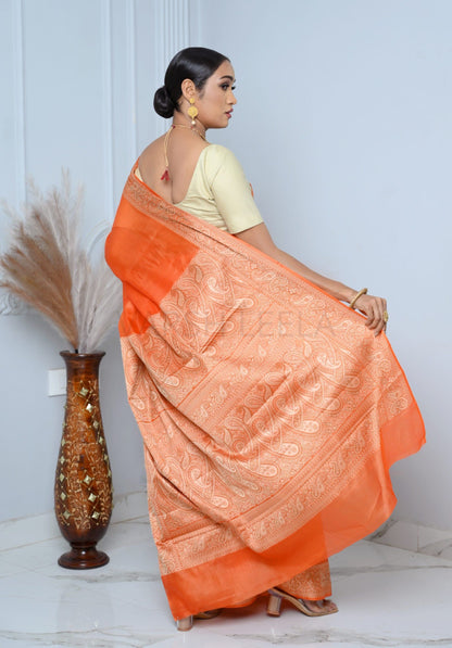 Orange Meena Plain Handloom Pure Kosa Silk Saree