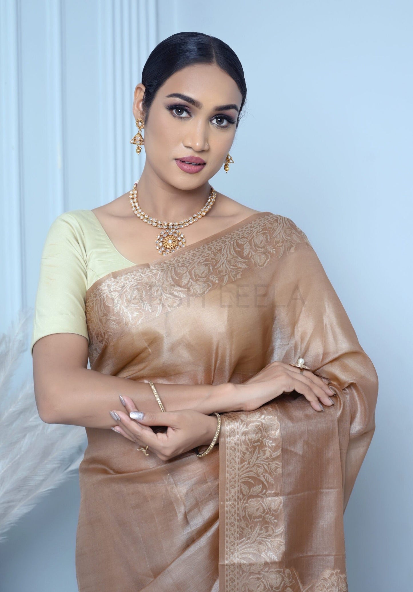 Golden Beige Meena Plain Handloom Pure Kosa Silk Saree