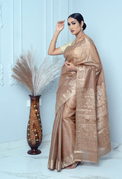 Golden Beige Meena Plain Handloom Pure Kosa Silk Saree