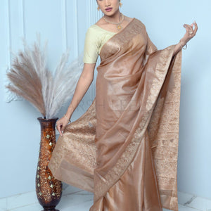 Golden Beige Meena Plain Handloom Pure Kosa Silk Saree