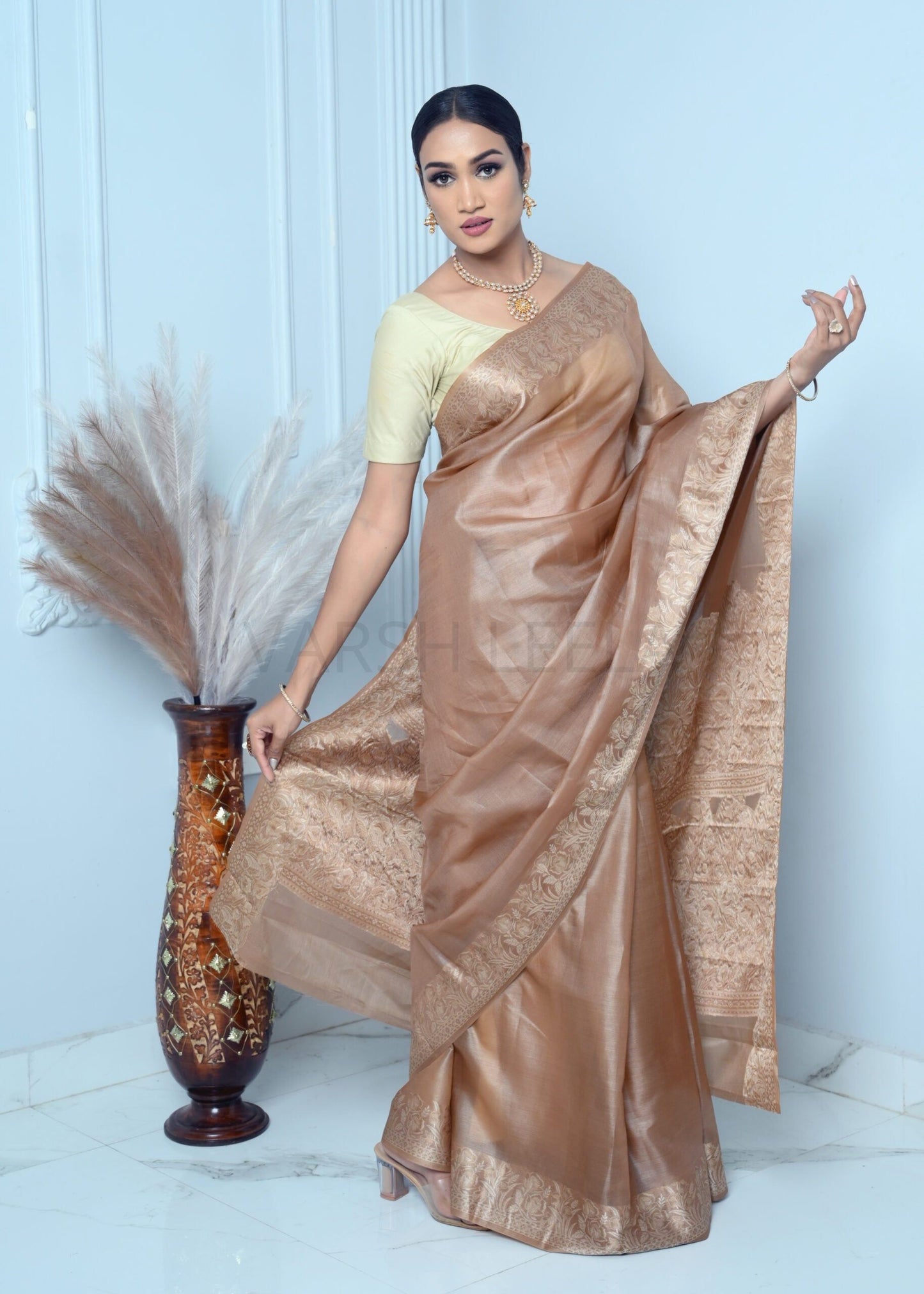 Golden Beige Meena Plain Handloom Pure Kosa Silk Saree