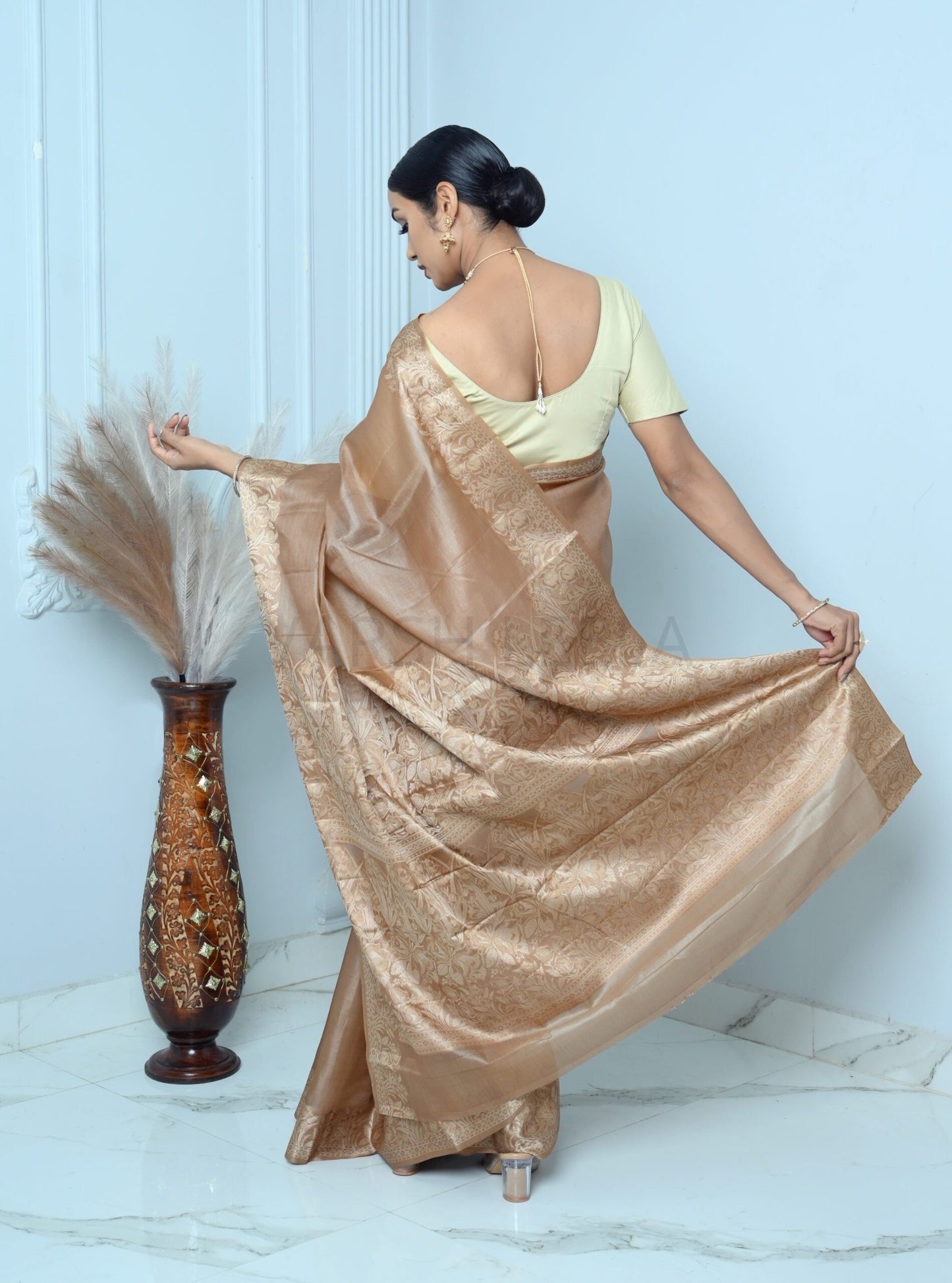 Golden Beige Meena Plain Handloom Pure Kosa Silk Saree