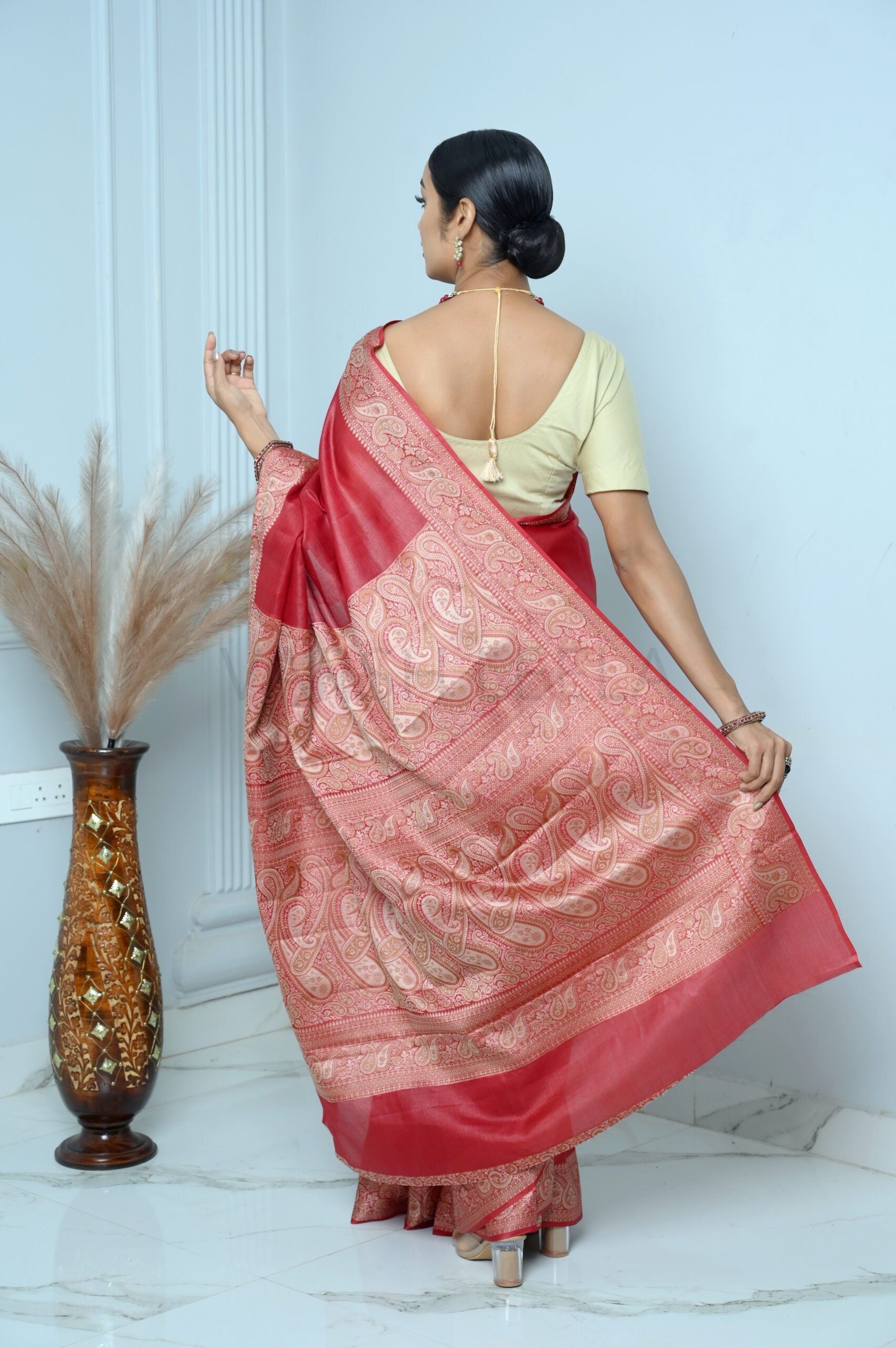 Maroon Meena Plain Handloom Pure Kosa Silk Saree