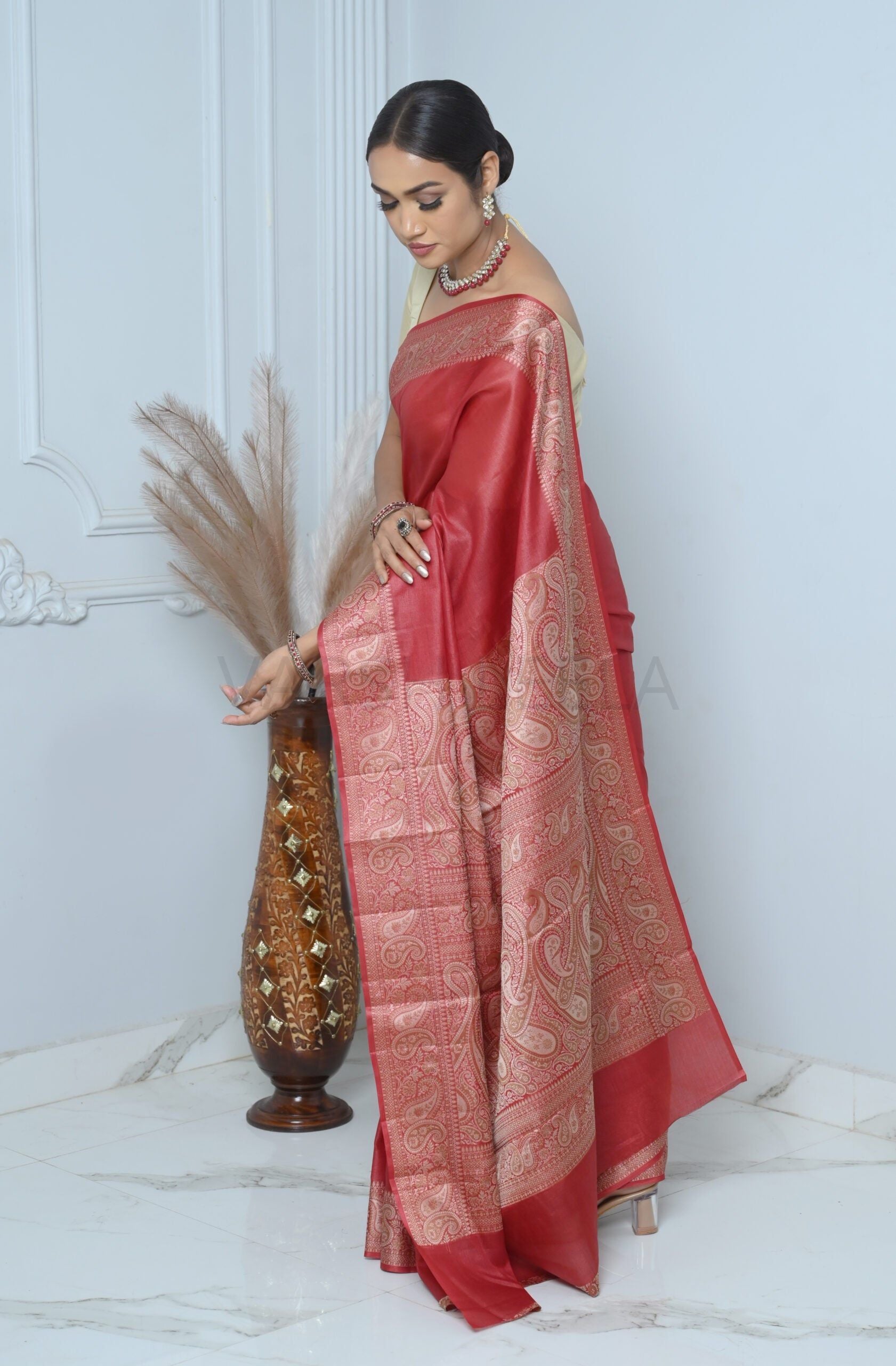 Maroon Meena Plain Handloom Pure Kosa Silk Saree