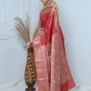Maroon Meena Plain Handloom Pure Kosa Silk Saree