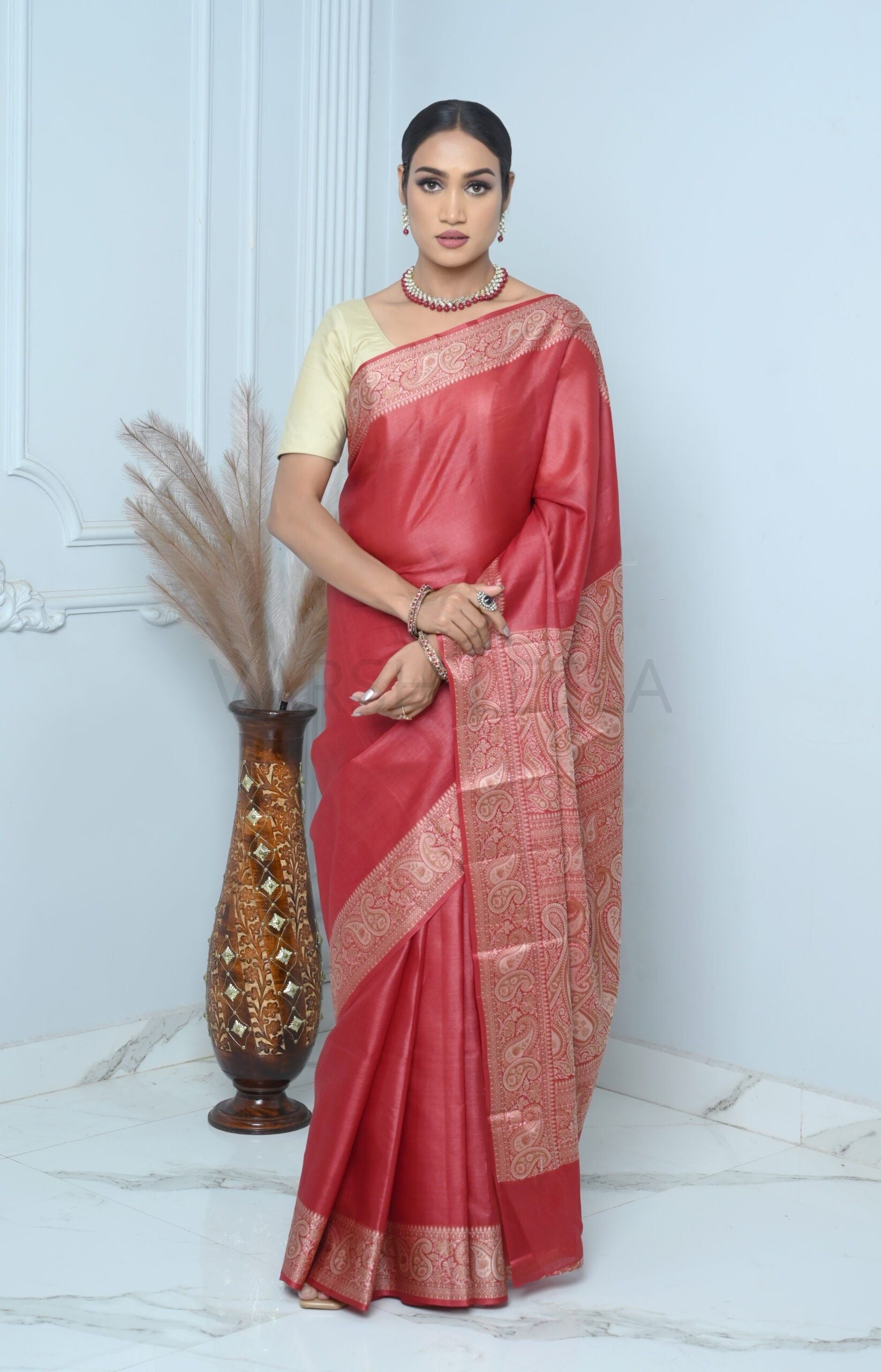 Maroon Meena Plain Handloom Pure Kosa Silk Saree