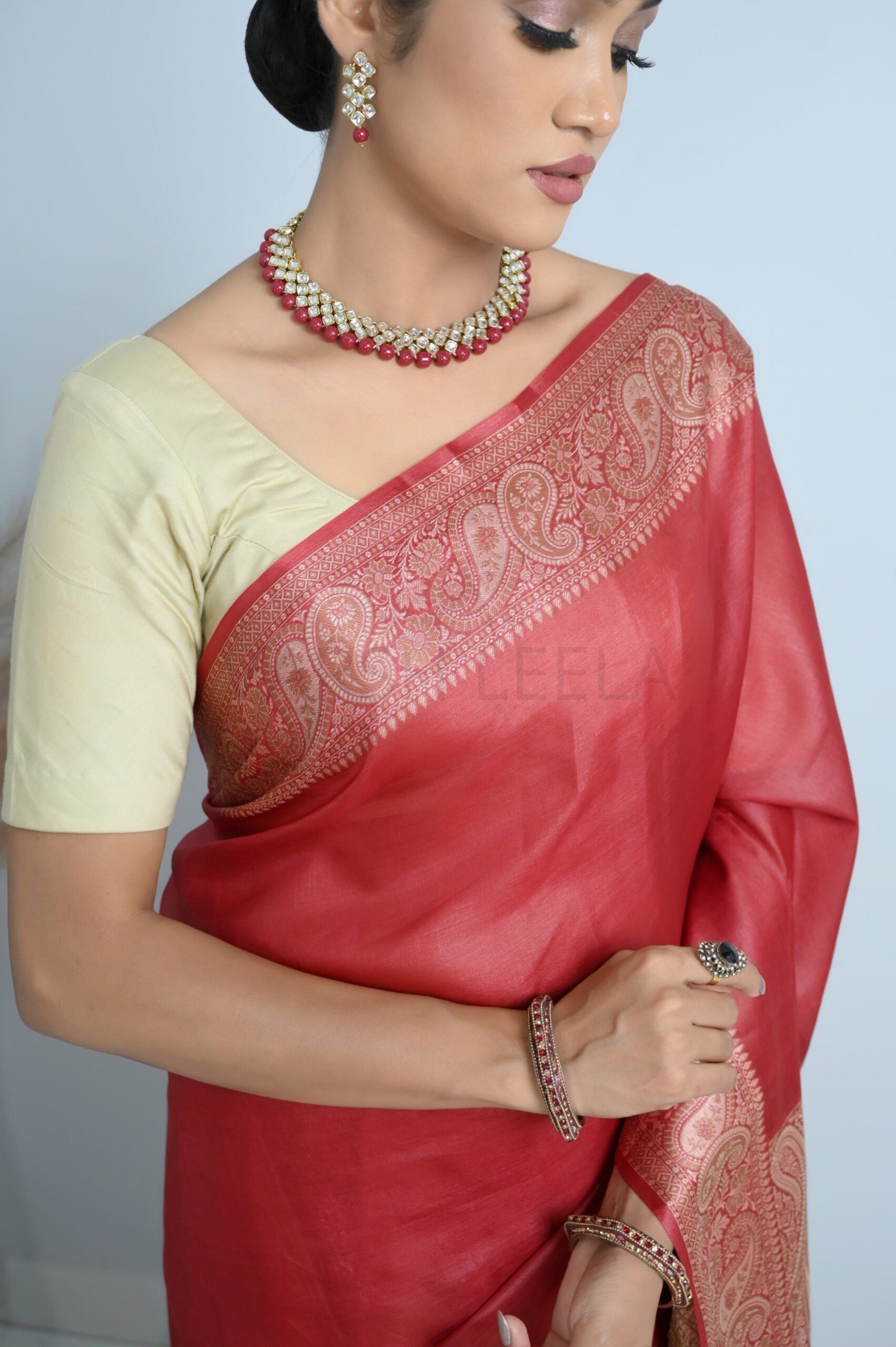 Maroon Meena Plain Handloom Pure Kosa Silk Saree
