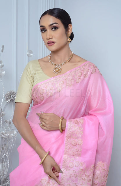 Baby Pink Meena Plain Handloom Pure Kosa Silk Saree Pink All Saree