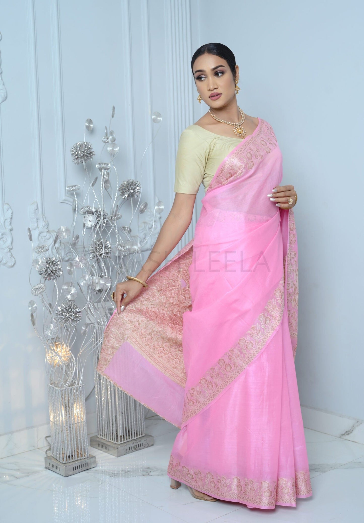 Baby Pink Meena Plain Handloom Pure Kosa Silk Saree Pink All Saree