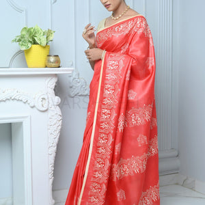 Bright Red Handloom Pure Kosa Silk Saree with Bastar Embroidery Work