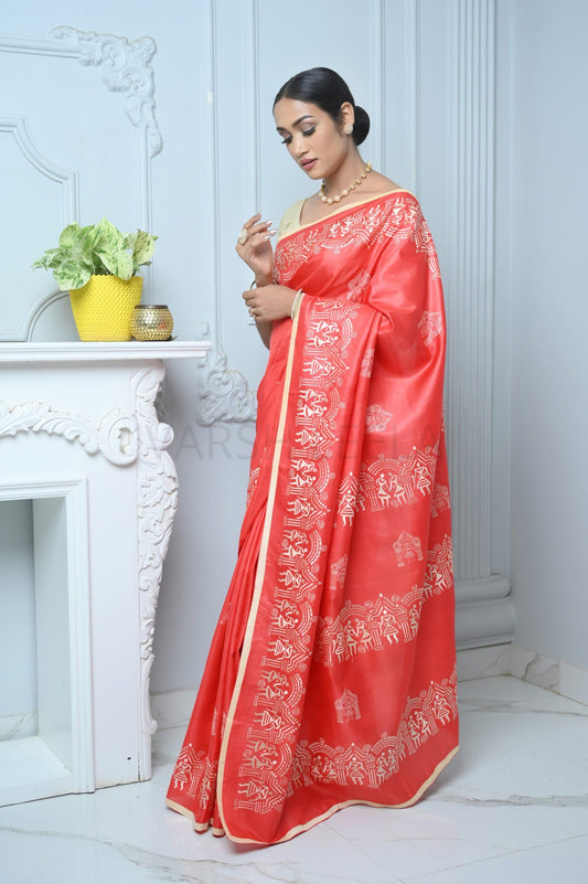 Bright Red Handloom Pure Kosa Silk Saree with Bastar Embroidery Work