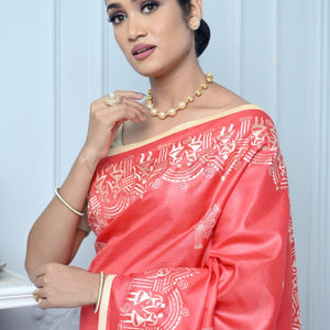 Bright Red Handloom Pure Kosa Silk Saree with Bastar Embroidery Work