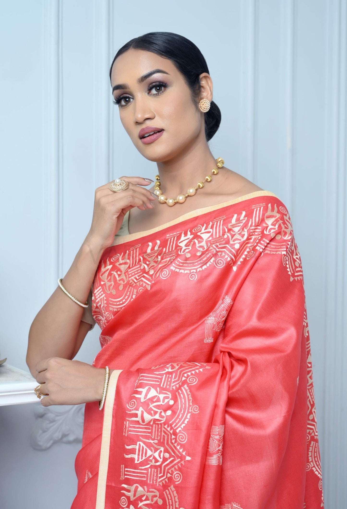 Bright Red Handloom Pure Kosa Silk Saree with Bastar Embroidery Work