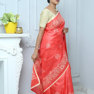 Bright Red Handloom Pure Kosa Silk Saree with Bastar Embroidery Work