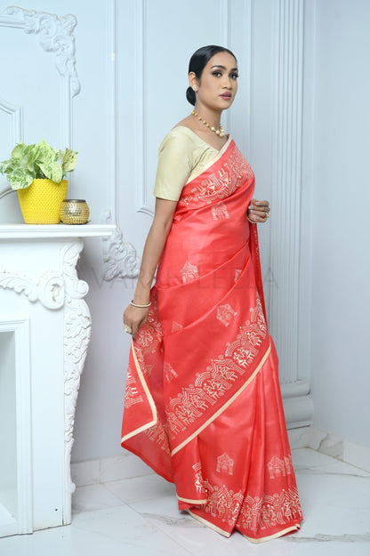 Bright Red Handloom Pure Kosa Silk Saree with Bastar Embroidery Work